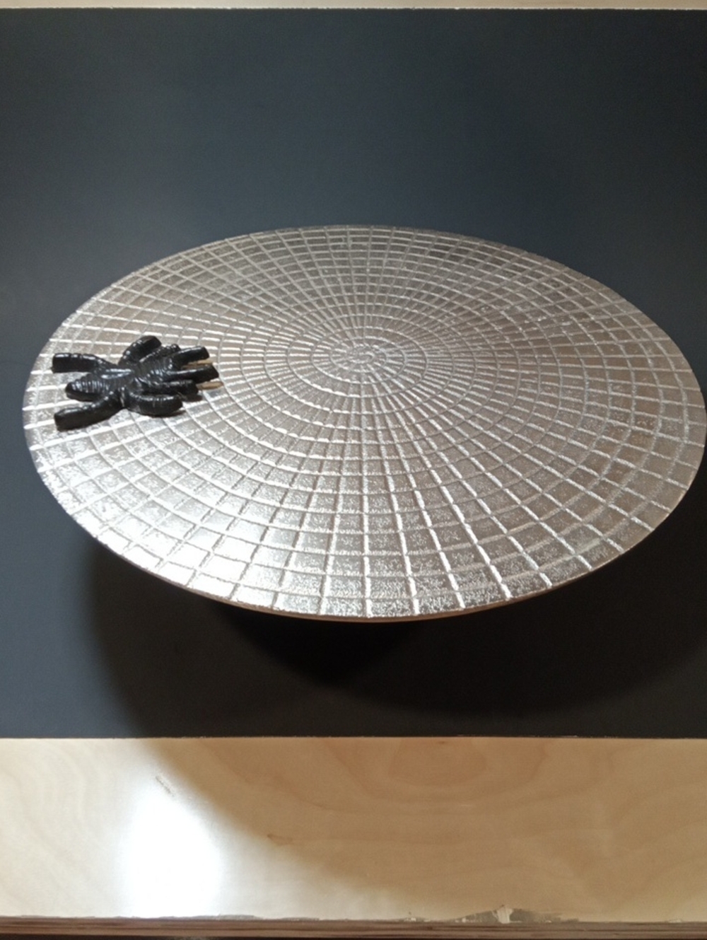 Decorative Silver Spiderweb Metal Pedestal Cake Stand with Black Spider  Accent